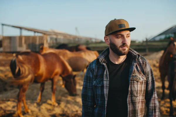 農場の馬の群れのそばにいる若い農夫 太陽の下で馬の背景に対するひげ付きの若者の肖像画 — ストック写真