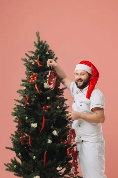 Concept Cooking Christmas Holidays Chef Santa Hat Background Christmas Tree — Stock Photo, Image