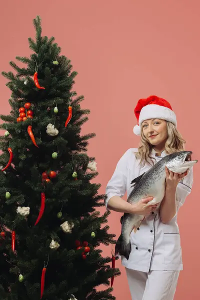 Concept Cooking Christmas Holidays Beautiful Woman Cook Holding Big Fish — Stock Photo, Image