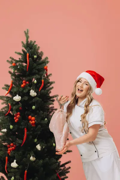 Concept Van Koken Kerstvakantie Een Mooie Blonde Kok Een Santa — Stockfoto