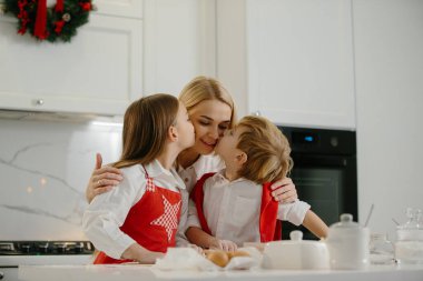 İki mutlu çocuk kış tatilinde evde Noel kurabiyesi yaparken annelerine sarılıyor. Mutlu anne, çocuklarıyla evde eğleniyor..
