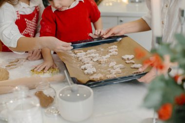 Bir anne ve oğlu Noel kurabiyeleri hazırlar, çocuklar kurabiye tepsisine kurabiye koyar. Kapat..