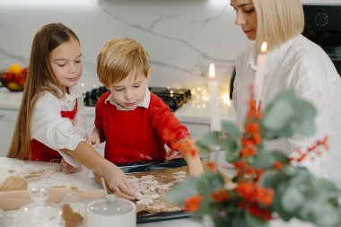 Bir anne, kızı ve oğluyla Noel kurabiyeleri hazırlar, çocuklar da yemek tepsisine kurabiye koyar..