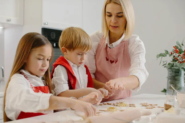 A mother teaches her daughter and little son how to make cookies. A woman and her children prepare Christmas cookies using a dough mold.