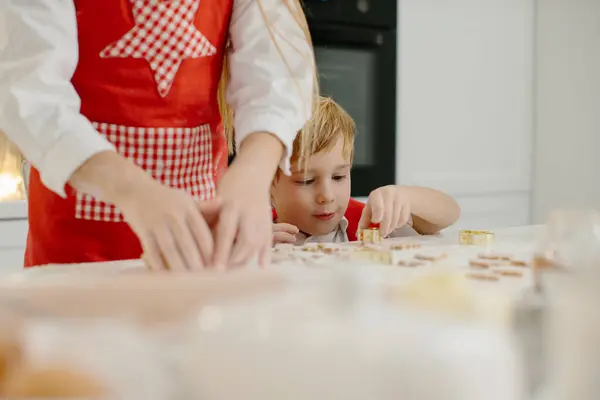 Little Boy Plays Dough While Making Cookies Kitchen Children Make — Stock Photo, Image