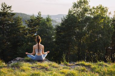 Arkadan bakan güzel genç kadın yaz ormanlarında Lotus pozisyonunda yoga yapıyor..