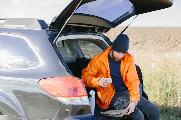 Man Rests Sitting Trunk Car Drinking Coffee Thermos — Stock Photo, Image