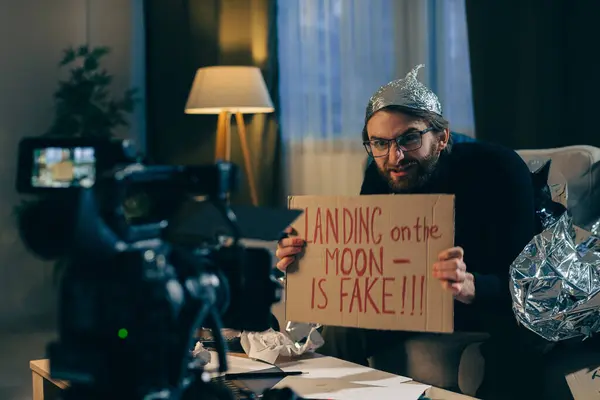 Conspiracy Theorist Shoots Pseudoscientific Videos Camera Man Tinfoil Hat Sign — Stock Photo, Image
