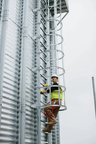 Инженер Строитель Поднимается Лестнице Зернохранилище Контроля Состояния Строительства Стоковая Картинка