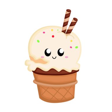 Şirin Vanilyalı Dondurma Konisi Tatlı Tatlısı Çizgi Film Çizim Vektörü Clipart Çıkartma Dekorasyonu
