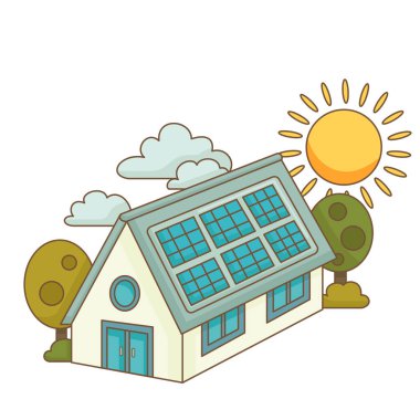 Güneş Paneli Ev Enerjisi Tüketim Yeşil Teknolojisi Yeşil Çevre dostu Çevre Enerjisi Çizgi Film Vektörü Clipart Yapıştırıcısı