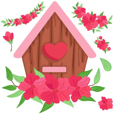 Pink Love Birds House Valentine Decoration Background Cartoon Illustration Vector Clipart Sticker Decoration