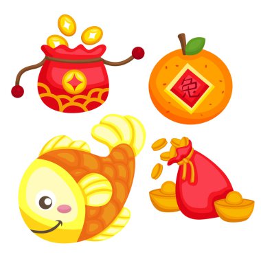 Renkli Çin Yeni Yıl Aksesuarları Nesne Süsleme Çizgi Film Çizim Vektörü Clipart Yapıştırıcısı