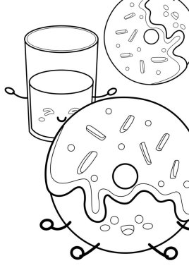 Meyve suyu ve tatlı sabah kahvaltısı içeceği ve abur cubur çizgi film çocuklar ve yetişkinler için boyama etkinliği