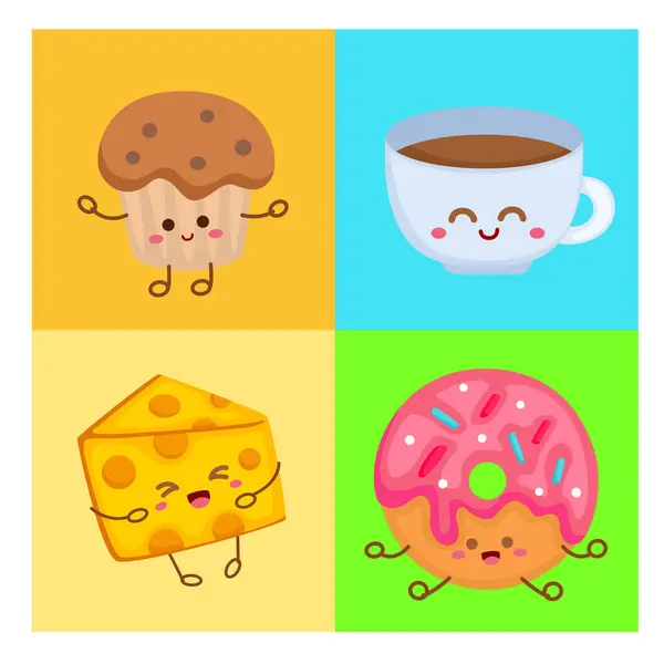stock vector Hot Coffee Muffin Cheese Doughnut Colorful Cute Morning Breakfast Drink and Snack Food Cartoon Illustration vector Clipart Sticker Background Decoration