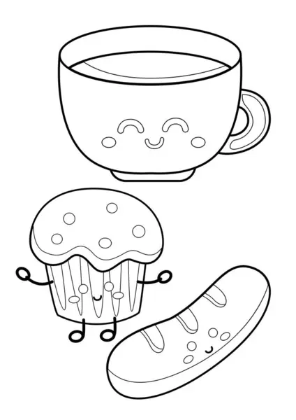 stock vector Hot Coffee Sausage Muffin Cake Cute Morning Breakfast Drink and Snack Food Cartoon Coloring Activity for Kids and Adult