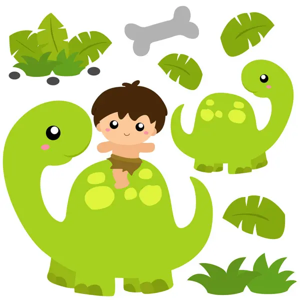 stock vector Green Dinosaur Ancient Animal and Kids Cartoon Illustration Vector Clipart Sticker Decoration Background Art