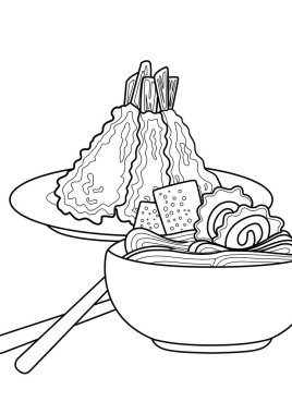 Şirin Tempura Udon Ramen Erişte Japon Yemek Çizgi Filmleri Çocuklar ve Yetişkinler için Renklendirme Etkinliği