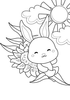 Cute Rabbit Animal and Flowers Cartoon Coloring Activity for Kids and Adult clipart