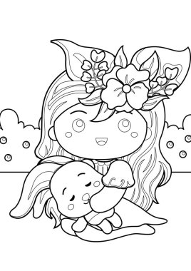 Tavşan Hayvanlı ve Çiçekli Sevimli Kız Çocuklar ve Yetişkinler için Çizgi Film Renklendirme Etkinliği