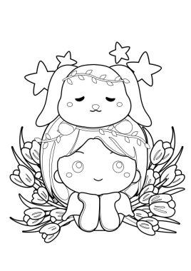 Tavşan Hayvanlı ve Çiçekli Sevimli Kız Çocuklar ve Yetişkinler için Çizgi Film Renklendirme Etkinliği