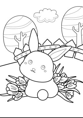 Cute Rabbit Animal and Flowers Cartoon Coloring Activity for Kids and Adult clipart