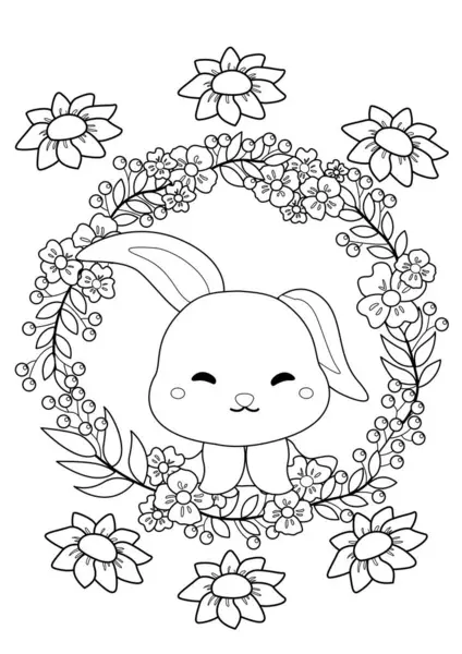 stock vector Cute Rabbit Animal and Flowers Cartoon Coloring Activity for Kids and Adult