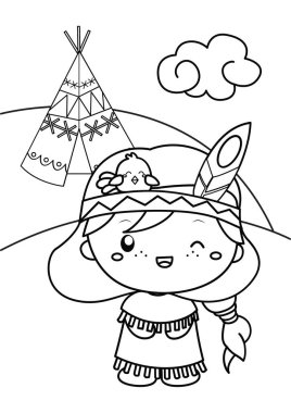 Sevimli Kız Çocuklar Yerli Amerikan Yerlileri Çocuklar ve Yetişkinler için Çizgi Film Boyama Etkinliği