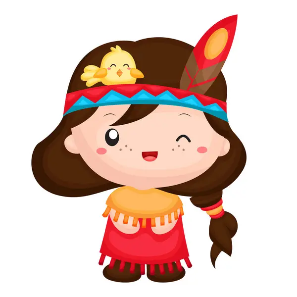 stock vector Cute Girl Native American Indians Costume Culture Kids Cartoon Illustration Vector Clipart Sticker Decoration Background