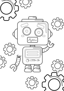 Bozuk Robot Makine Programlama Sistemi Çocuklar ve Yetişkinler için Çizgi Film Renklendirme Etkinliği