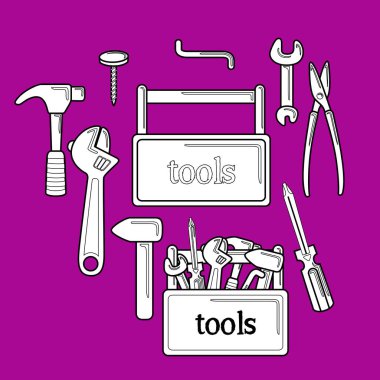 Tools Box Repairing Mechanic Worker Engineering Cartoon Digital Stamp Outline clipart