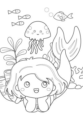 Şirin Güzel Küçük Kız Denizkızı Çocuklar ve Yetişkinler için Çizgi Film Boyama Etkinliği