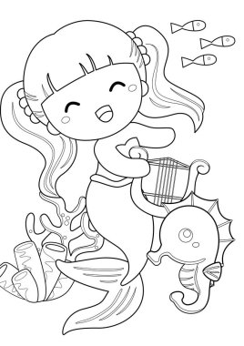 Şirin Güzel Küçük Kız Denizkızı Çocuklar ve Yetişkinler için Çizgi Film Boyama Etkinliği