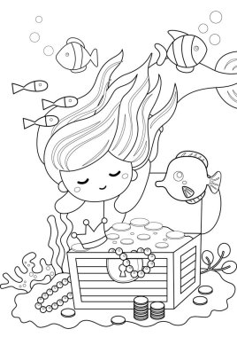 Şirin Güzel Küçük Kız Denizkızı Çocuklar ve Yetişkinler için Çizgi Film Boyama Etkinliği