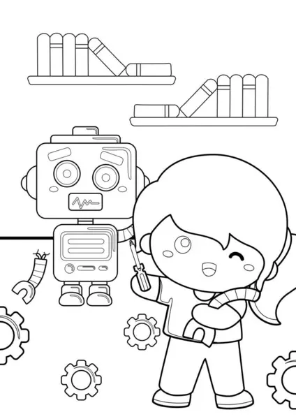 stock vector Smart Boy Kids Repairing Broken Robot Engineering Machine Robotic System Cartoon Coloring Activity for Kids and Adult