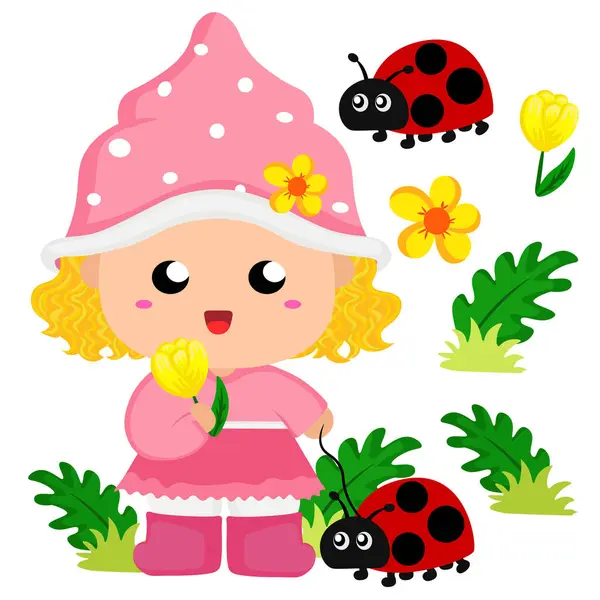 stock vector Cute Little Gnome Spring Cartoon Illustration Vector Clipart Sticker Decoration Background