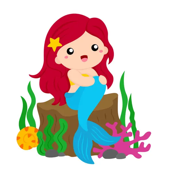 stock vector Cute Beautiful Little Girl Kids Mermaid Cartoon Illustration Vector Clipart Sticker Background Decoration