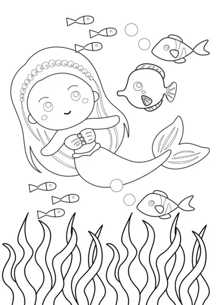 stock vector Cute Beautiful Little Girl Kids Mermaid Cartoon Coloring Activity for Kids and Adult