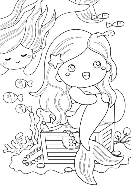 stock vector Cute Beautiful Little Girl Kids Mermaid Cartoon Coloring Activity for Kids and Adult