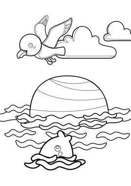 Doğa Sahili Deniz Görünümü Çocuklar ve Yetişkinler için Çizgi Film Renklendirme Etkinliği