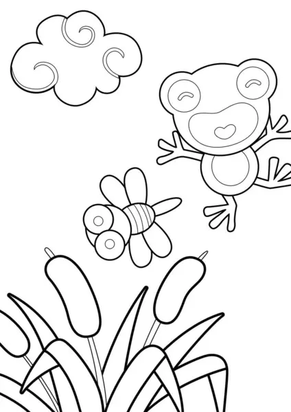 stock vector Frog Nature Garden Flowers Plants Cartoon Coloring Activity for Kids and Adult