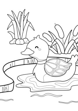 Şirin Ördek Havuzu Hayvanları ve Bahçeye Bakış Bitkileri Çocuklar ve Yetişkinler için Doğa Çizgi Filmleri Renklendirme Etkinliği