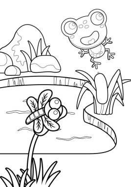 Şirin yusufçuk havuzu hayvan ve bahçe manzaralı bitkiler doğa çizgi filmi çocuklar ve yetişkinler için renklendirme etkinliği