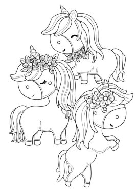 Şirin ve Komik Tek Boynuzlu At Fantezi At Çizgi Filmleri Çocuklar ve Yetişkinler İçin Renklendirme Okulu