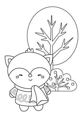 Şirin Tilki Kış Hayvanları Noel Tatil Sezonu Çocuklar ve Yetişkinler için Çizgi Film Renklendirme Etkinliği