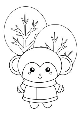 Şirin Maymun Kış Hayvanı Noel Tatili Çizgi Film Çocuklar ve Yetişkinler İçin Renklendirme Etkinliği