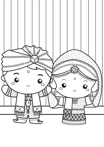 stock vector Cute India Couple Kids Girl Boy Traditional Costume Bollywood Culture Celebration Cartoon Coloring Activity for Kids and Adult