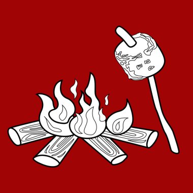 Şenlik Ateşi ve Izgara Marshmallow Açık Kamp Doğa Karikatürü Dijital Damga Hattı