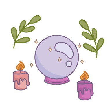 Cadılar Bayramı Sembol Aksesuarları Sihirli Top Cadı Çizgi Filmi Çizim Vektörü Clipart Etiketi 