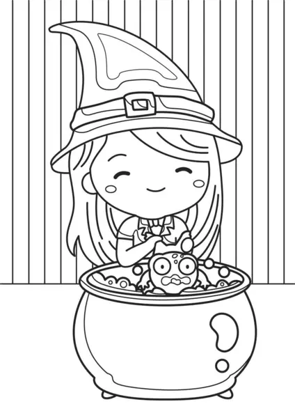 stock vector Cute Girl Kids With Witch Costume Halloween Celebration Party Symbol Ornament Decoration Cartoon Coloring Activity for Kids and Adult